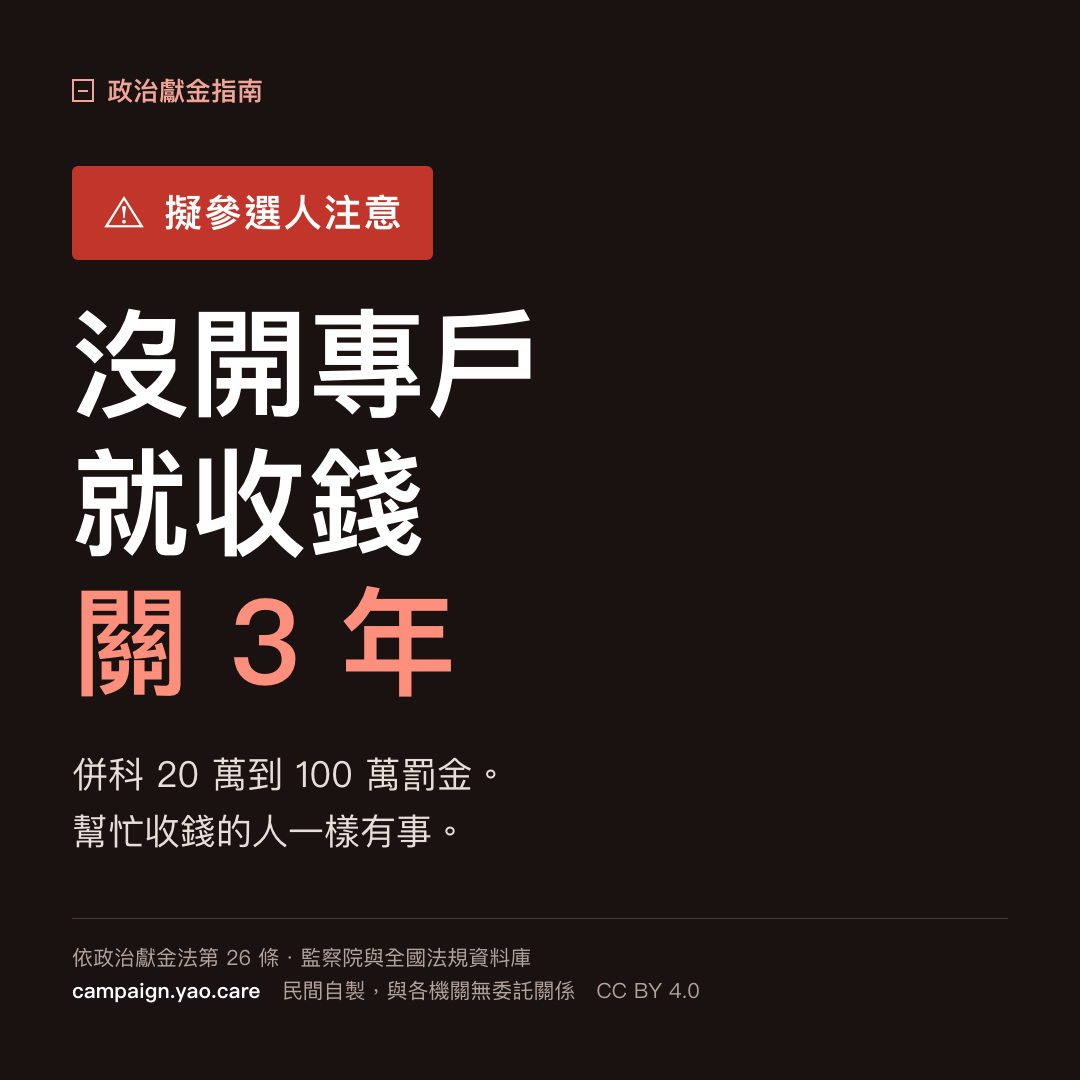 長輩圖:大字「3年」,說明未經許可設立專戶而收受政治獻金者處 3 年以下有期徒刑。