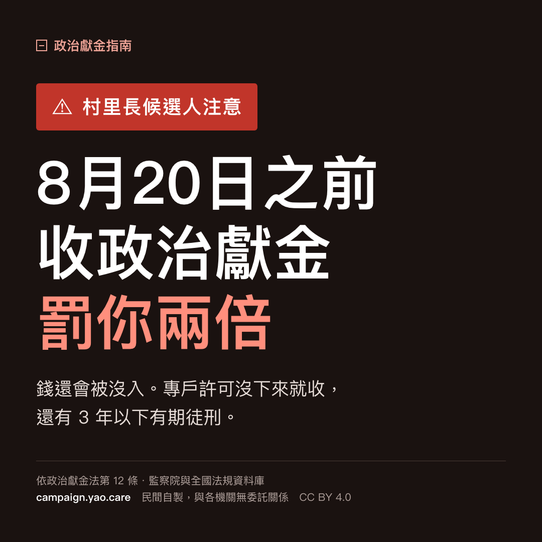 長輩圖:大字「8月20日」,說明村里長擬參選人自民國 115 年 8 月 20 日起至 11 月 27 日止可收受政治獻金。