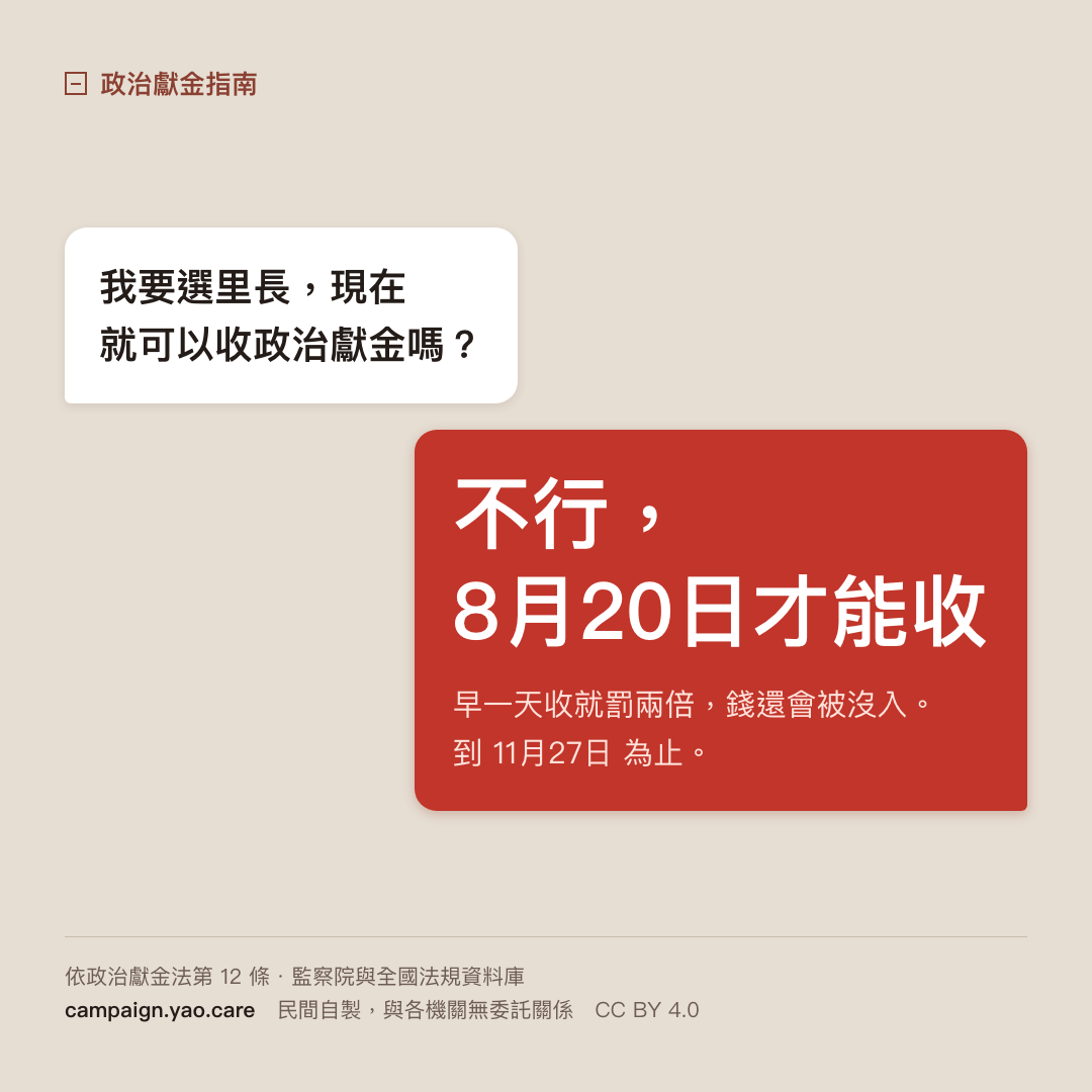 長輩圖 C 對話版 1080×1080：長輩圖：大字「8月20日」，說明村里長擬參選人自民國 115 年 8 月 20 日起至 11 月 27 日止可收受政治獻金。